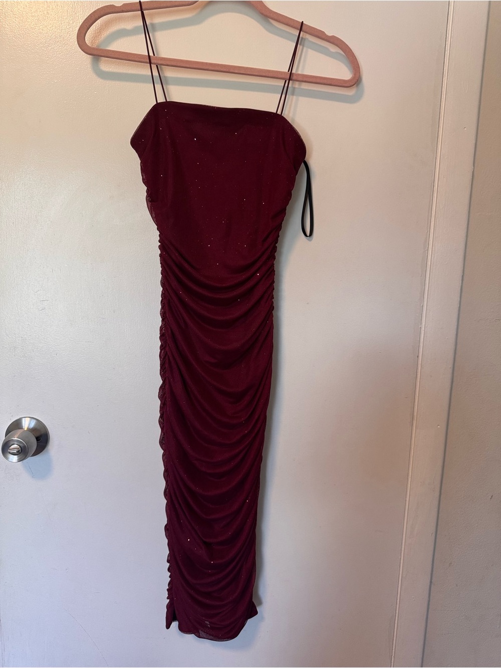 B Darlin Burgundy Sparkle Ruched Midi Slip Dress